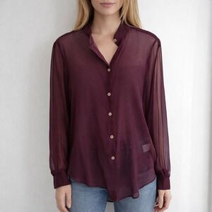 Illia Womens 100% Silk Sheer Button Down Blouse Plum Purple High Low Size 4